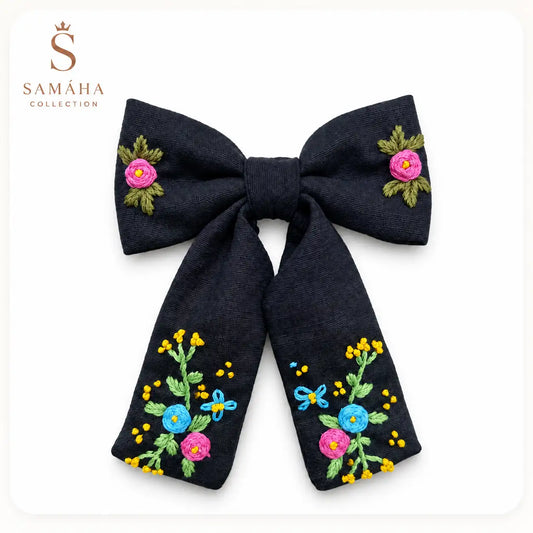 Elegant Black Embroidered Hair Bow