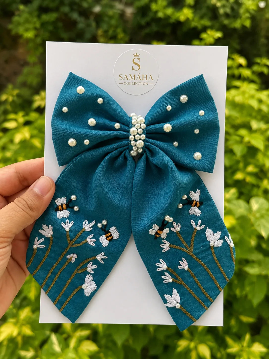 Teal Wildflower Pearl Bow ✨