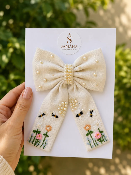 Elegant Floral & Pearl Hair Bow