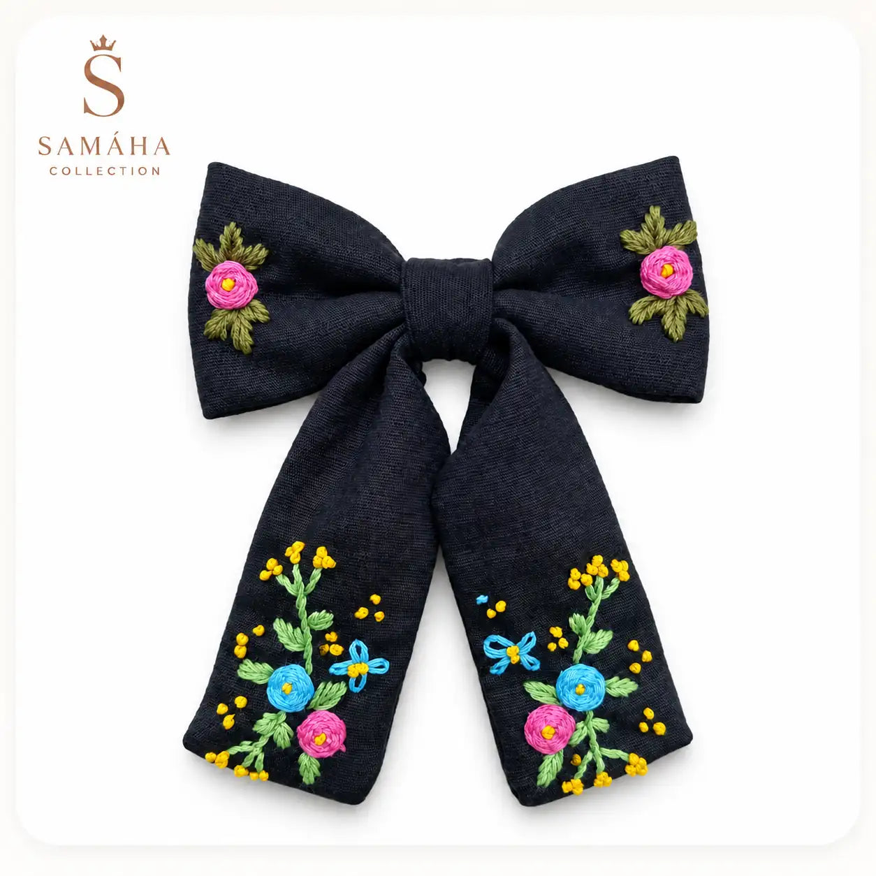 Elegant Black Embroidered  Hair Bow