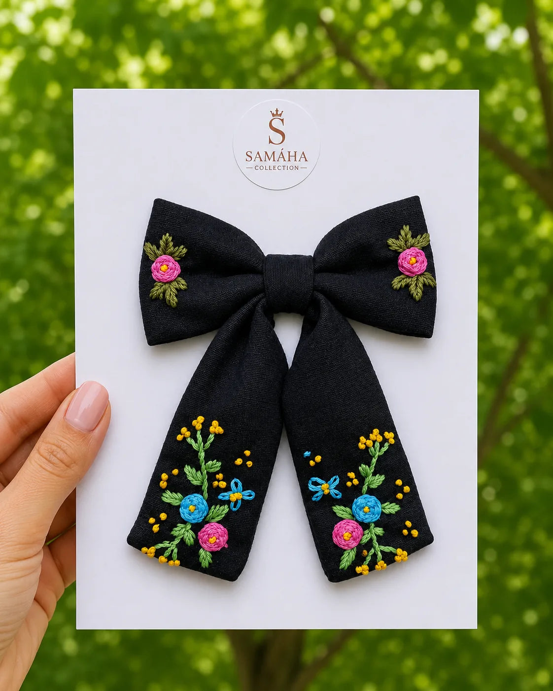 Elegant Black Embroidered  Hair Bow