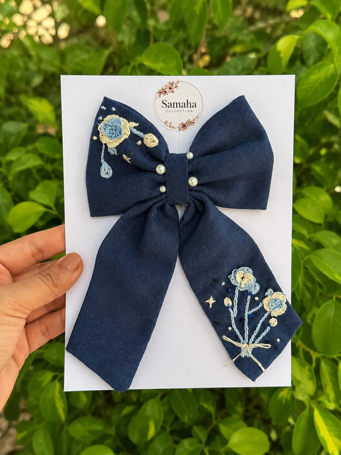 Navy Pearl Blossom Hair Bow