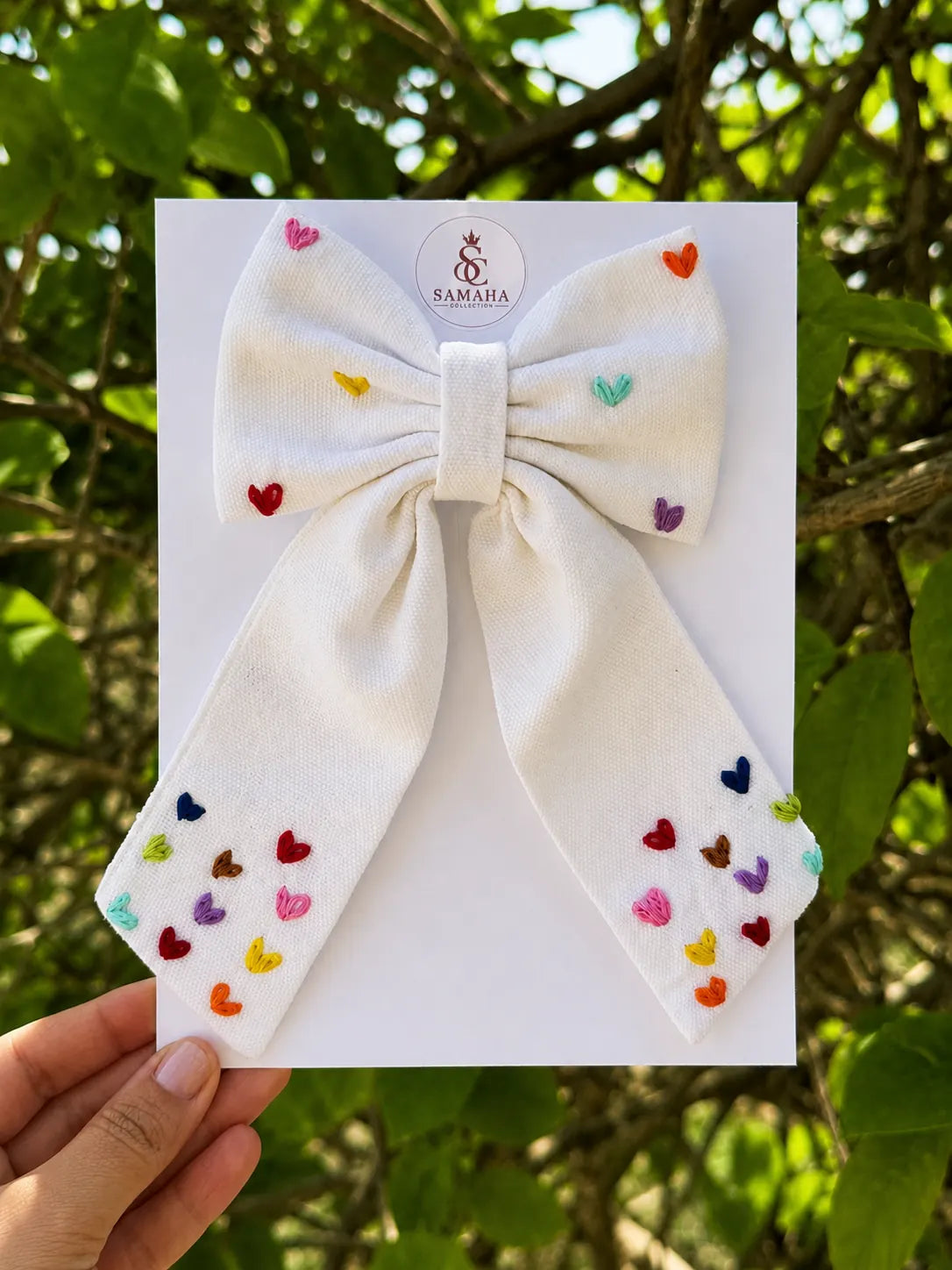 Rainbow Heart Embroidered Hair Bow